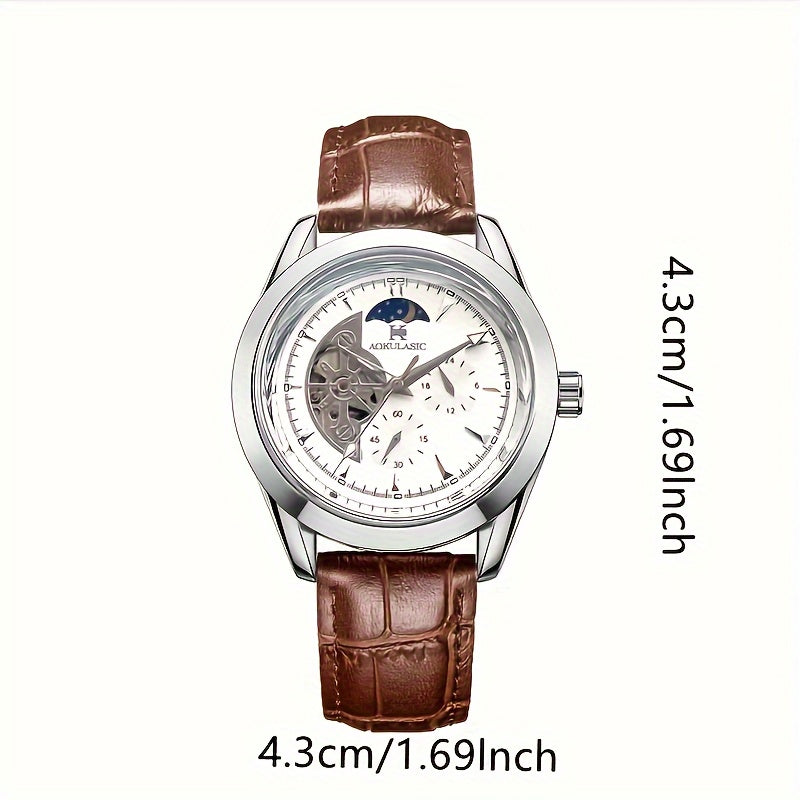 Men's Mechanical Watch with Moon Phase Pointer Semi-Hollow Ball Design Leather Strap
