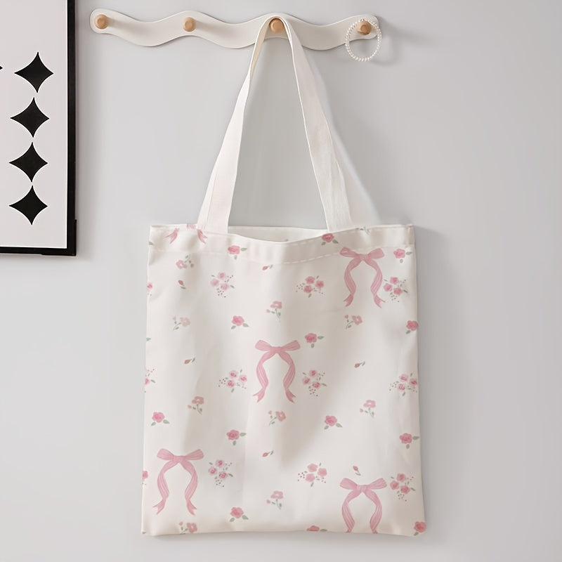 Pink Floral Tote Bag with Bow Reusable Canvas Shoulder Bag for Shopping and Daily Use