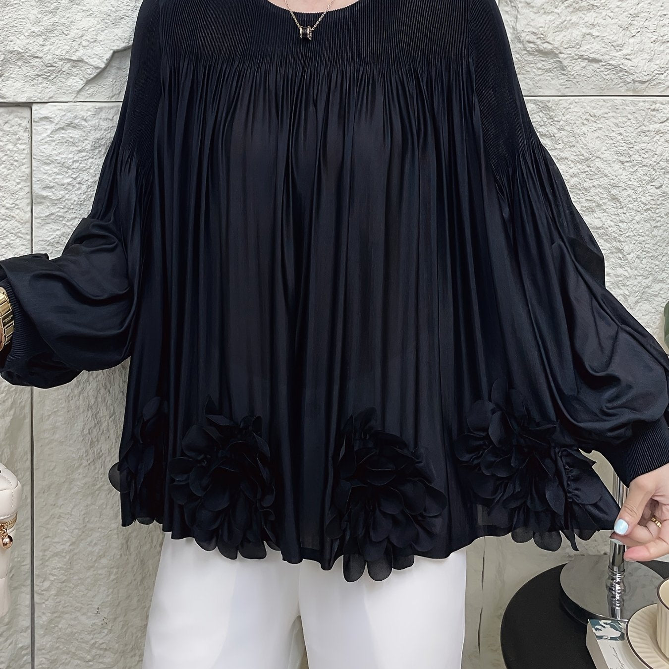 Women's Oversized Pleated Blouse with Floral Applique Light Blue Long Sleeve