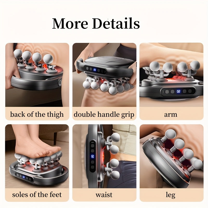 16 boshli, 20 tezlik sozlamalari va chuqur to'qima yengillik va mushak terapiyasi uchun raqamli ko'rsatkichga ega portativ zarba massaj mashinasi.