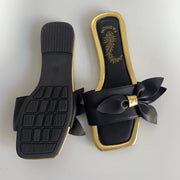 Women's Leather Square Toe Flat Sandals Bow Embellished Casual Vacation