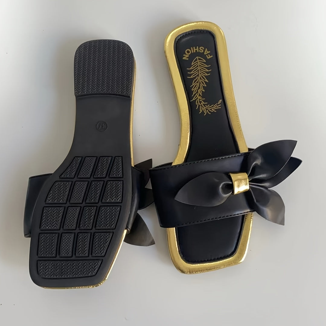 Women's Leather Square Toe Flat Sandals Bow Embellished Casual Vacation