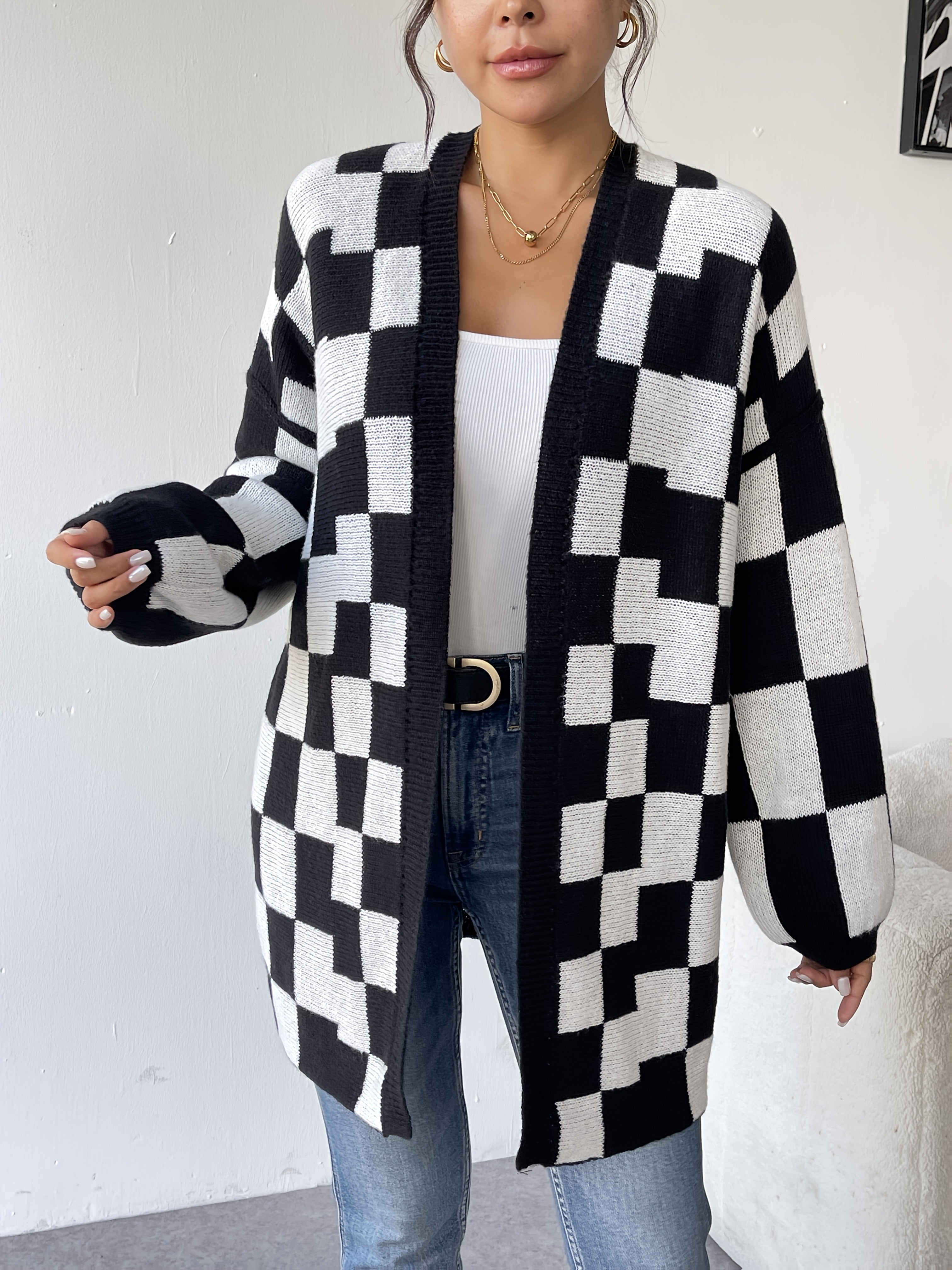 Women's Plus Size Black and White Checkered Open Front Cardigan Sweater
