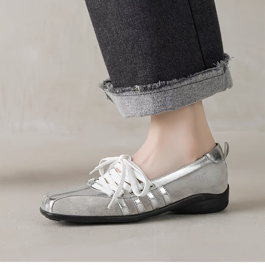 Women's French-Inspired Mary Jane Flats Square Toe Lace-Up Shoes Black White