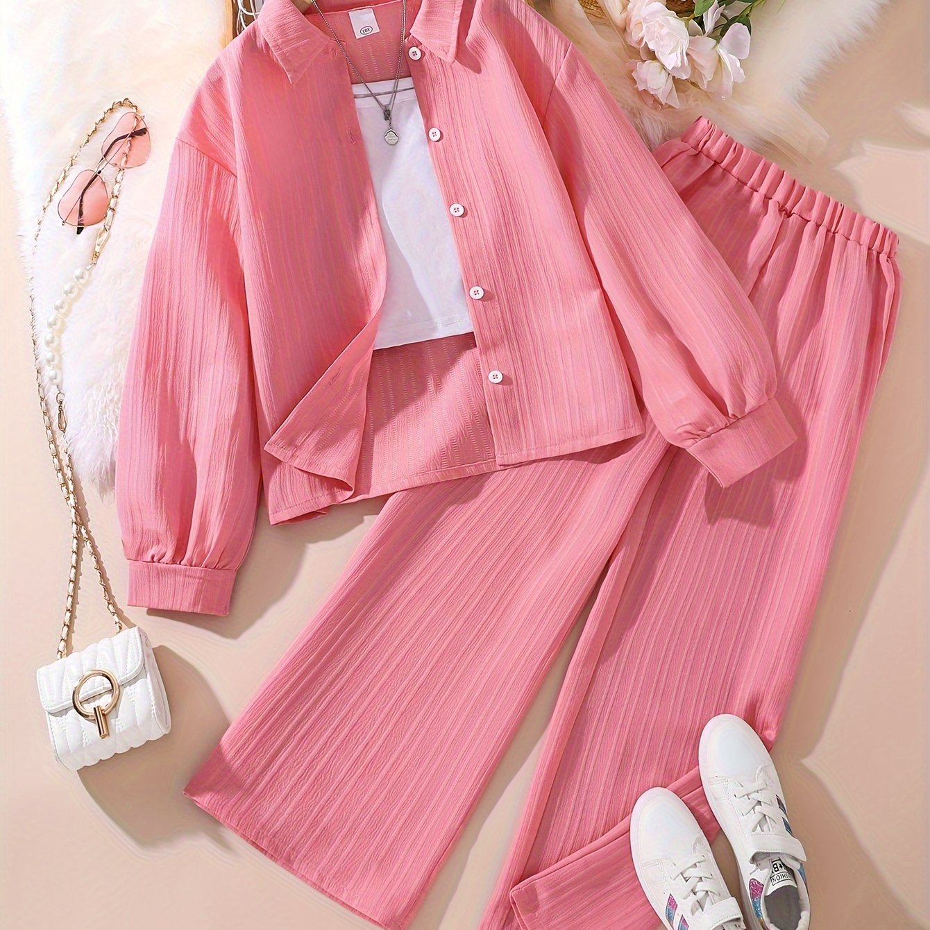 Girls' Clothing Set for 8-12 Years Long Sleeve Solid Color Korean Style Casual Outfit
