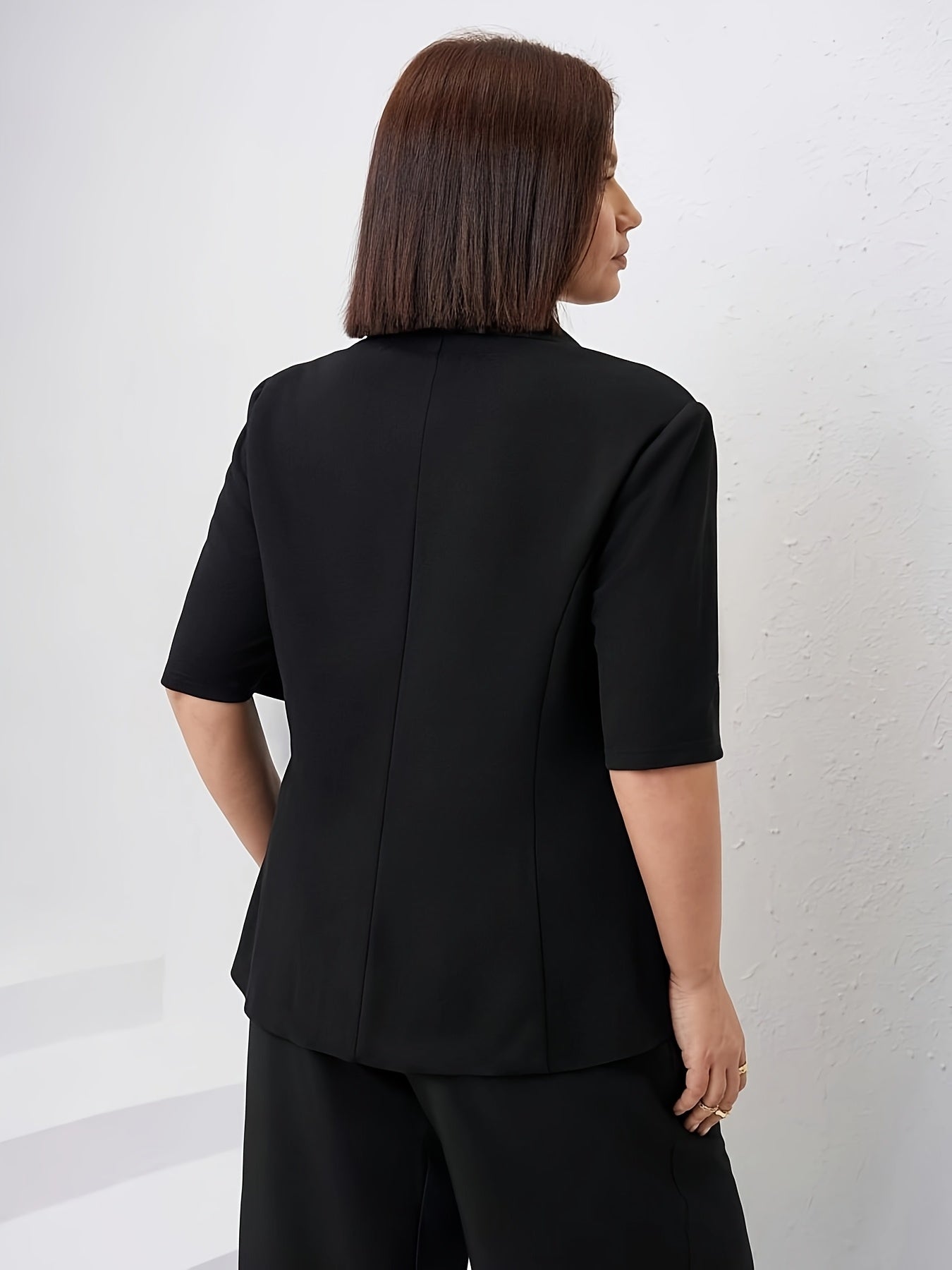 Plus Size Women's Black Slim-Fit Short Sleeve Blazer Office Casual Jacket