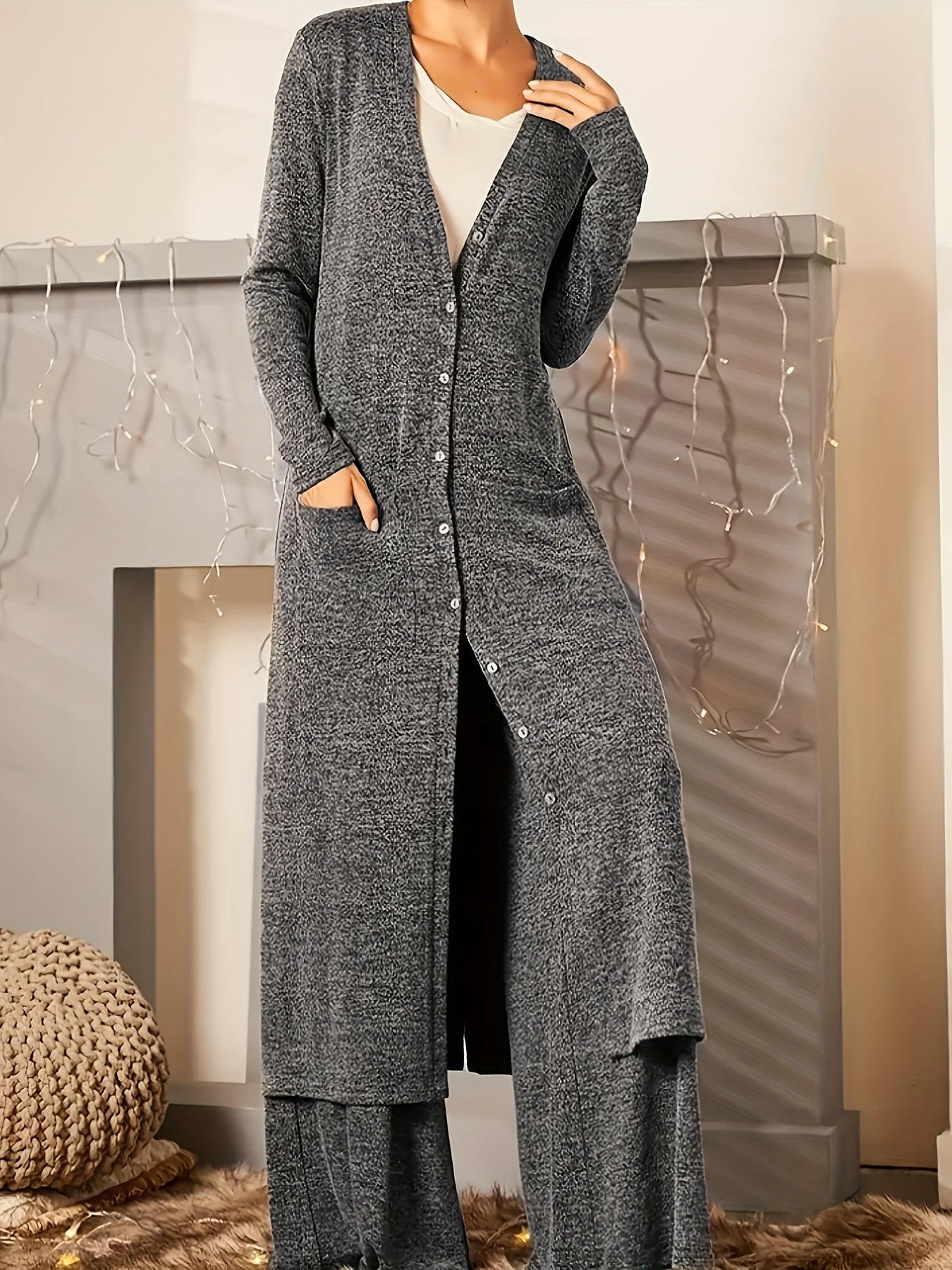 Women's Lounge Set Long Sleeve V-Neck Cardigan And Pants Plus Size Fall Winter