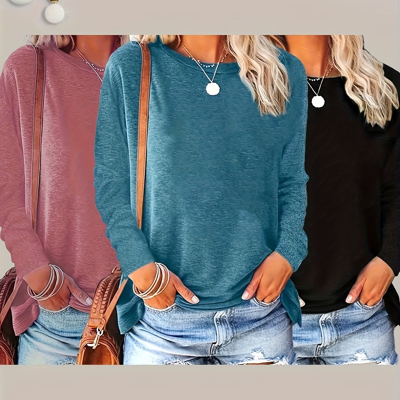 Women's Long Sleeve Crew Neck Tops 3-Pack Solid Knit Stretch Fall Spring