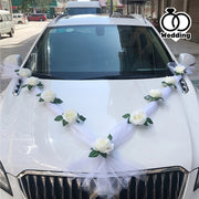 White Rose Car Roof Garland with Door Handle Ribbons 120cm Wedding Decor