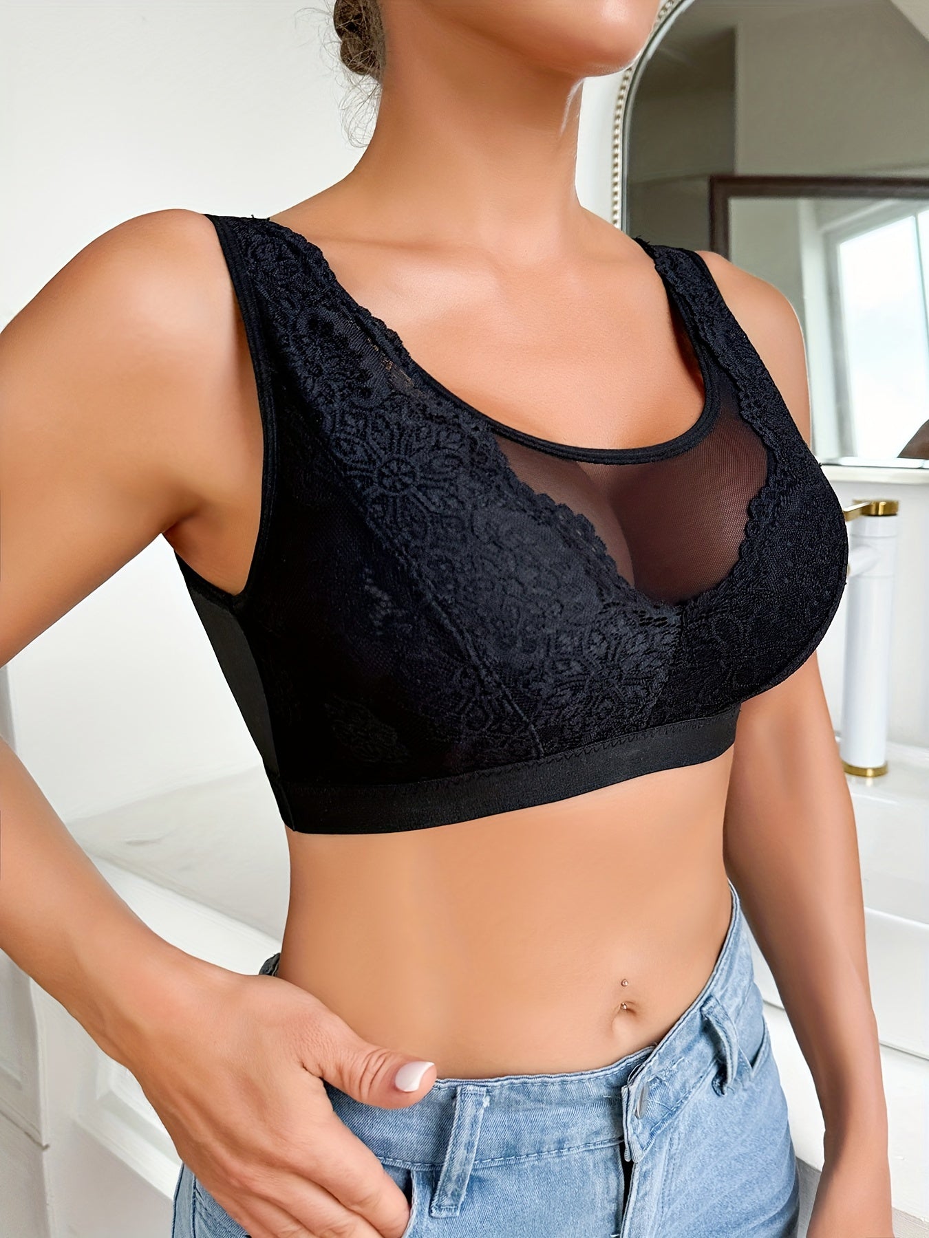 Wireless Lace Bra for Women Semi-Sheer Hand Wash Polyester Elastane