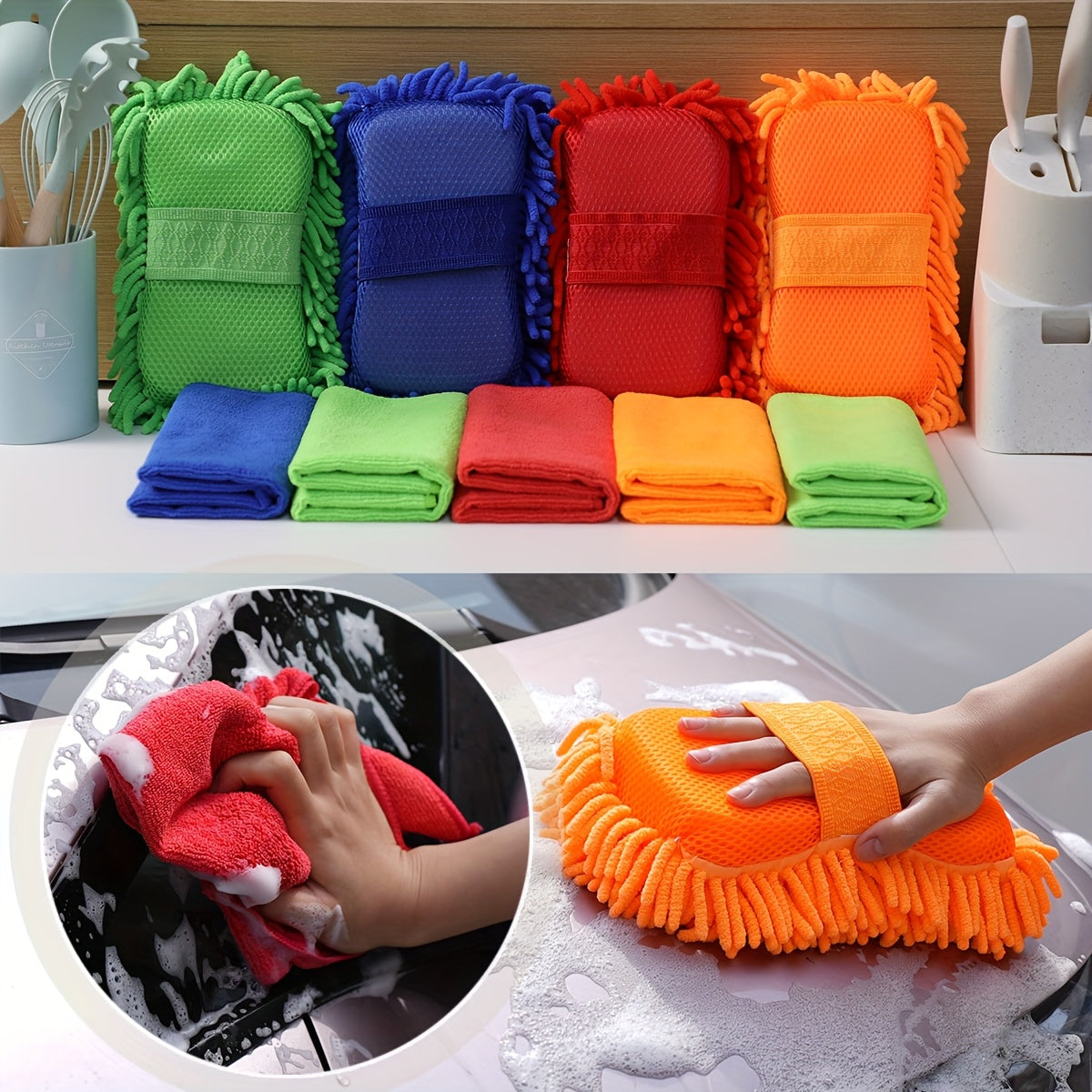 Microfiber Car Wash Sponge and Towel Set 6pcs Soft Reusable Scratch-Free