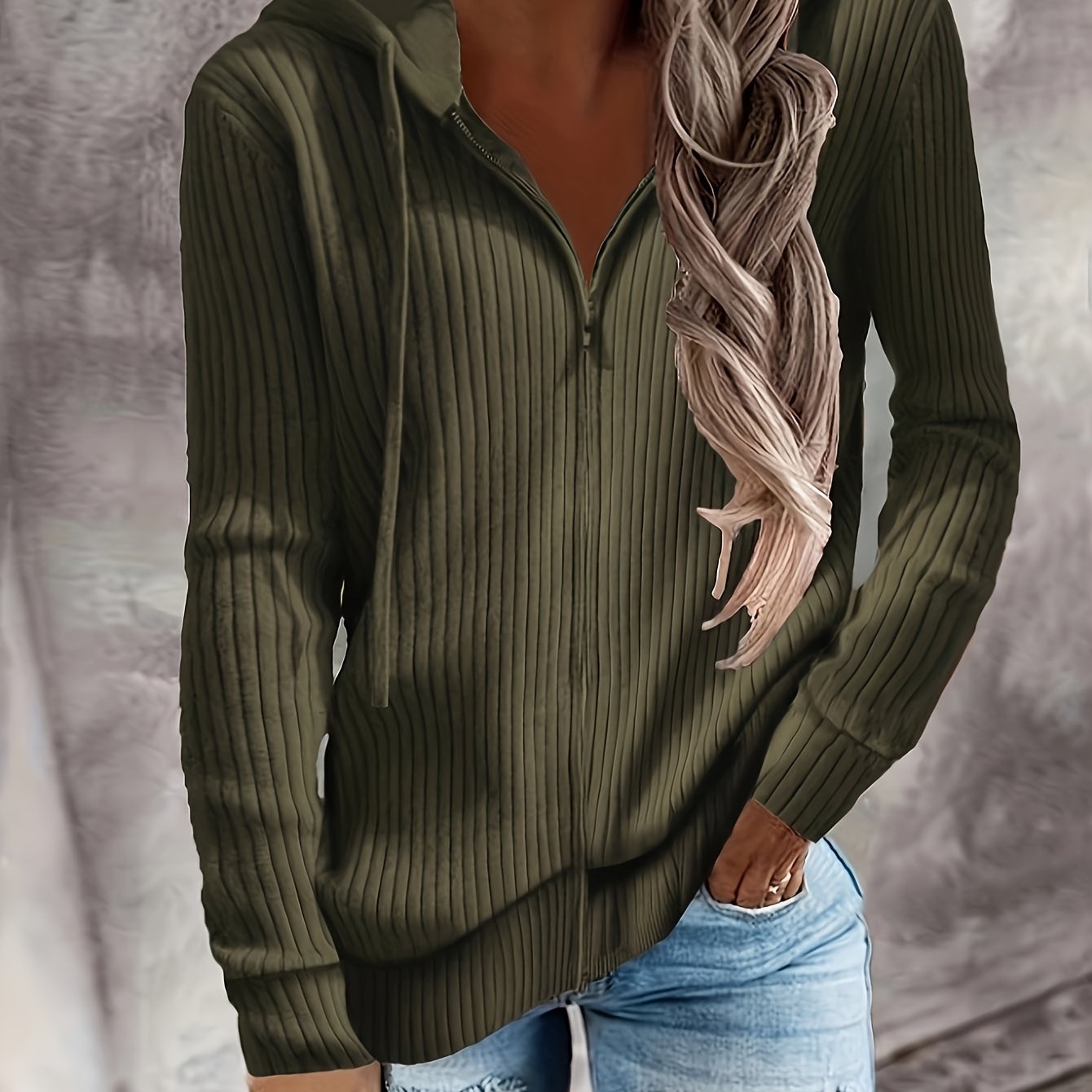 Plus Size Women's Autumn Winter Striped Hoodie with Zipper Long Sleeve Pullover