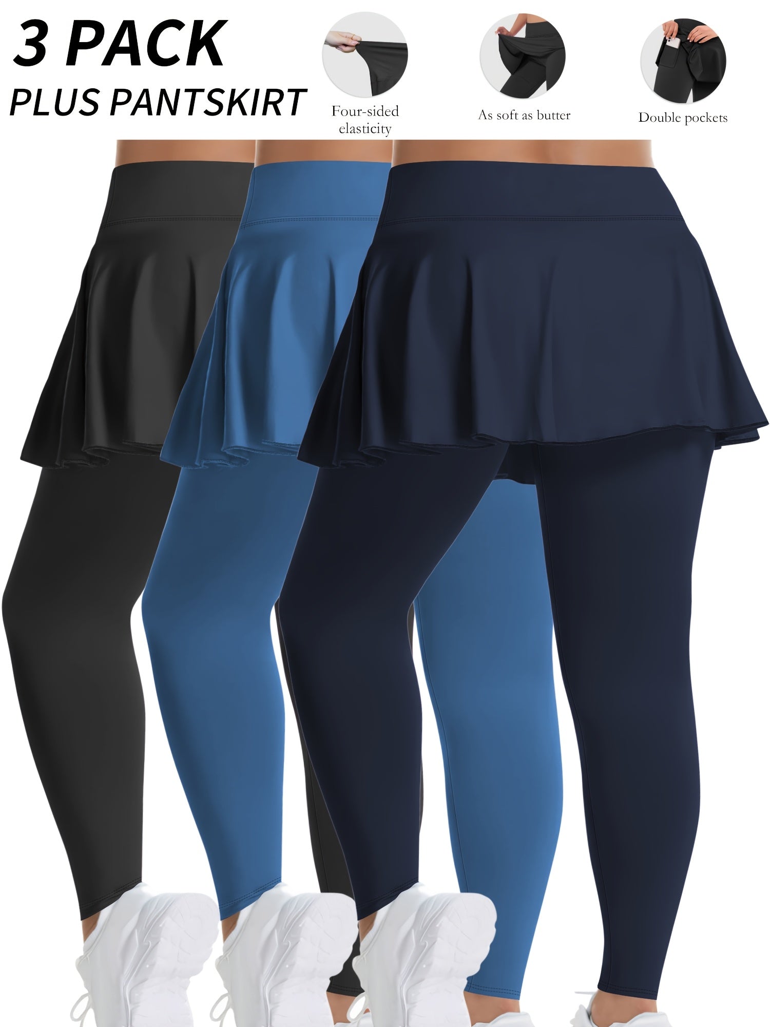 Plus Size High Waist Cropped Leggings with Pockets 3-Pack Elastane Knit