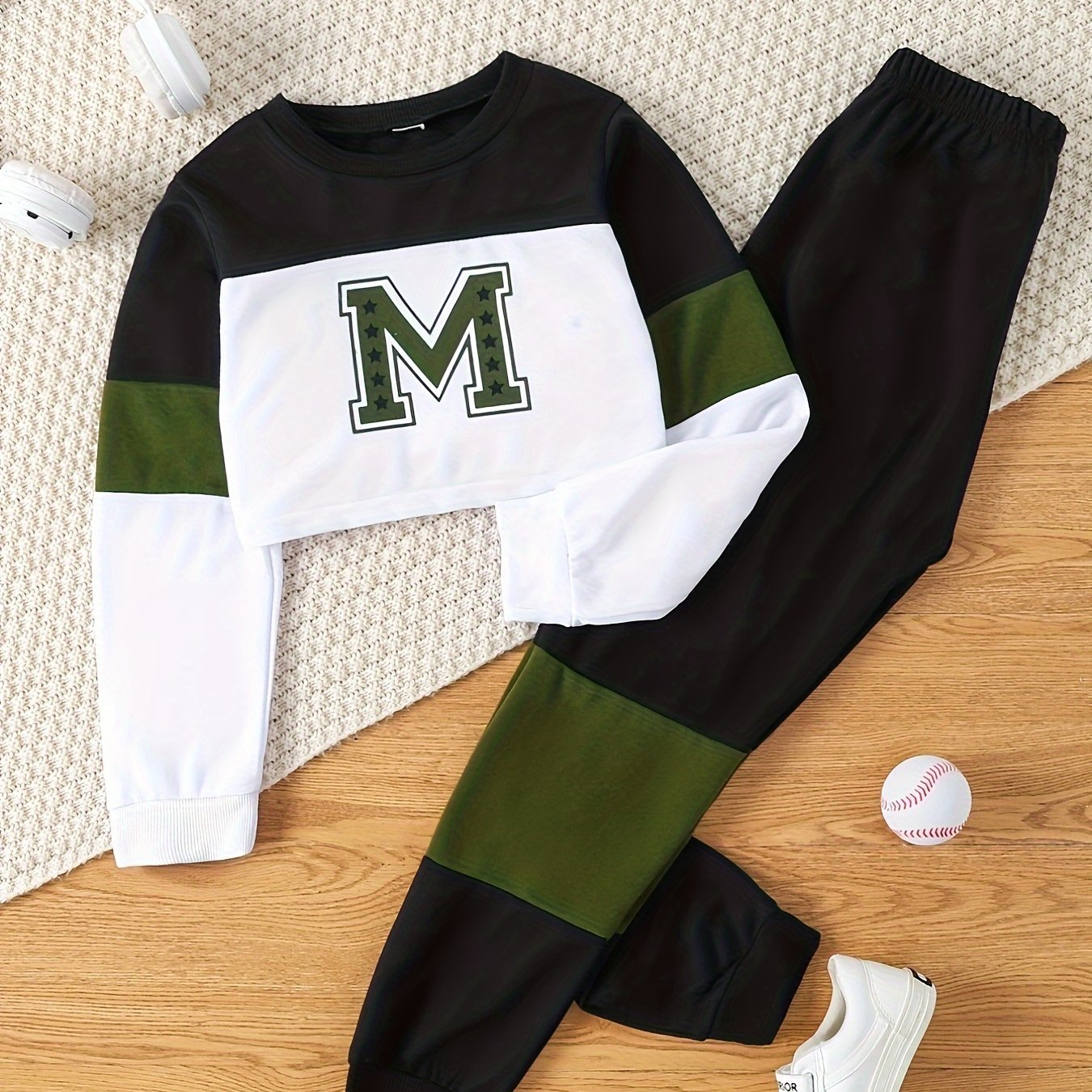 Kids' 2-Piece Spring and Autumn Letter Print Top and Stitching Trousers Set for Boys and Girls