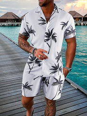 Conjunto de pijama de verano tropical con estampado de palmeras para hombre, camisa de manga corta de poliéster y pantalones cortos con cordón