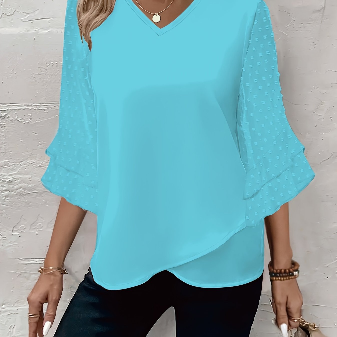 Plus Size Women's V-Neck Blouse with Ruffle Sleeves Solid Color Lightweight Polyester