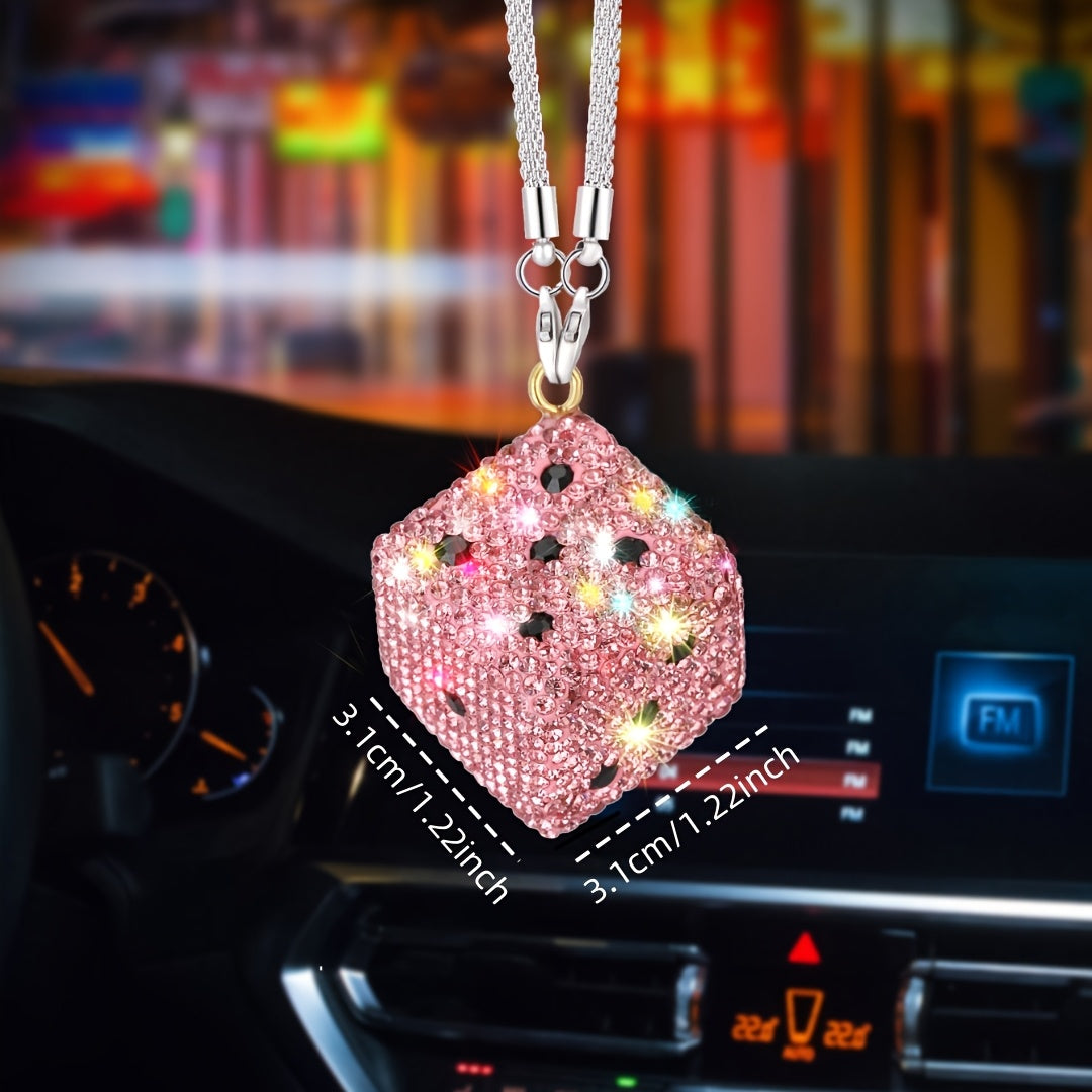 Unisex Stainless Steel Rhinestone Dice Car Rearview Mirror Pendant Auto Accessory