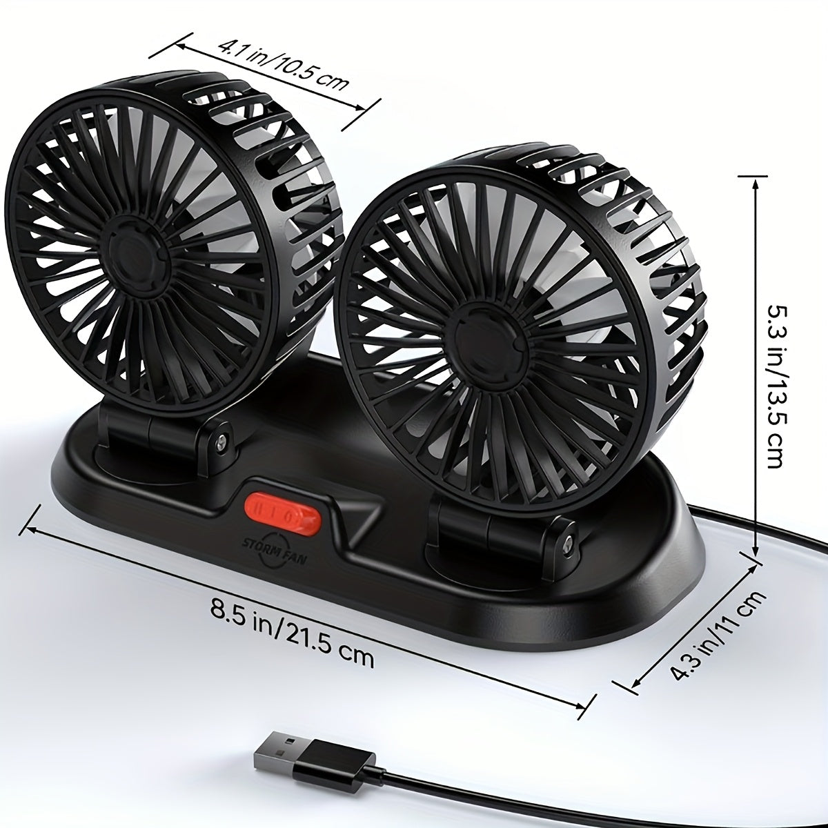 Dual Head USB Car Fan with 360° Adjustable Design, 2 Speeds, Foldable Portable