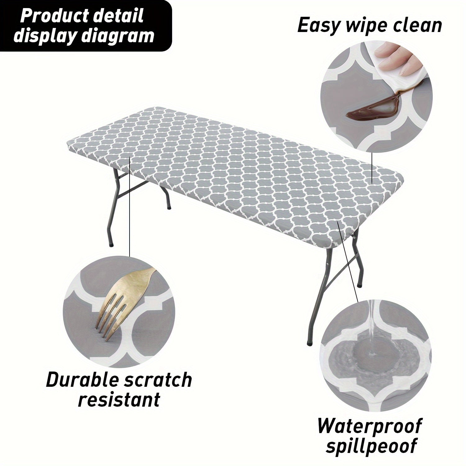 Vinyl Table Cover Waterproof with Flannel Backing Gray White Geometric Pattern Indoor Outdoor