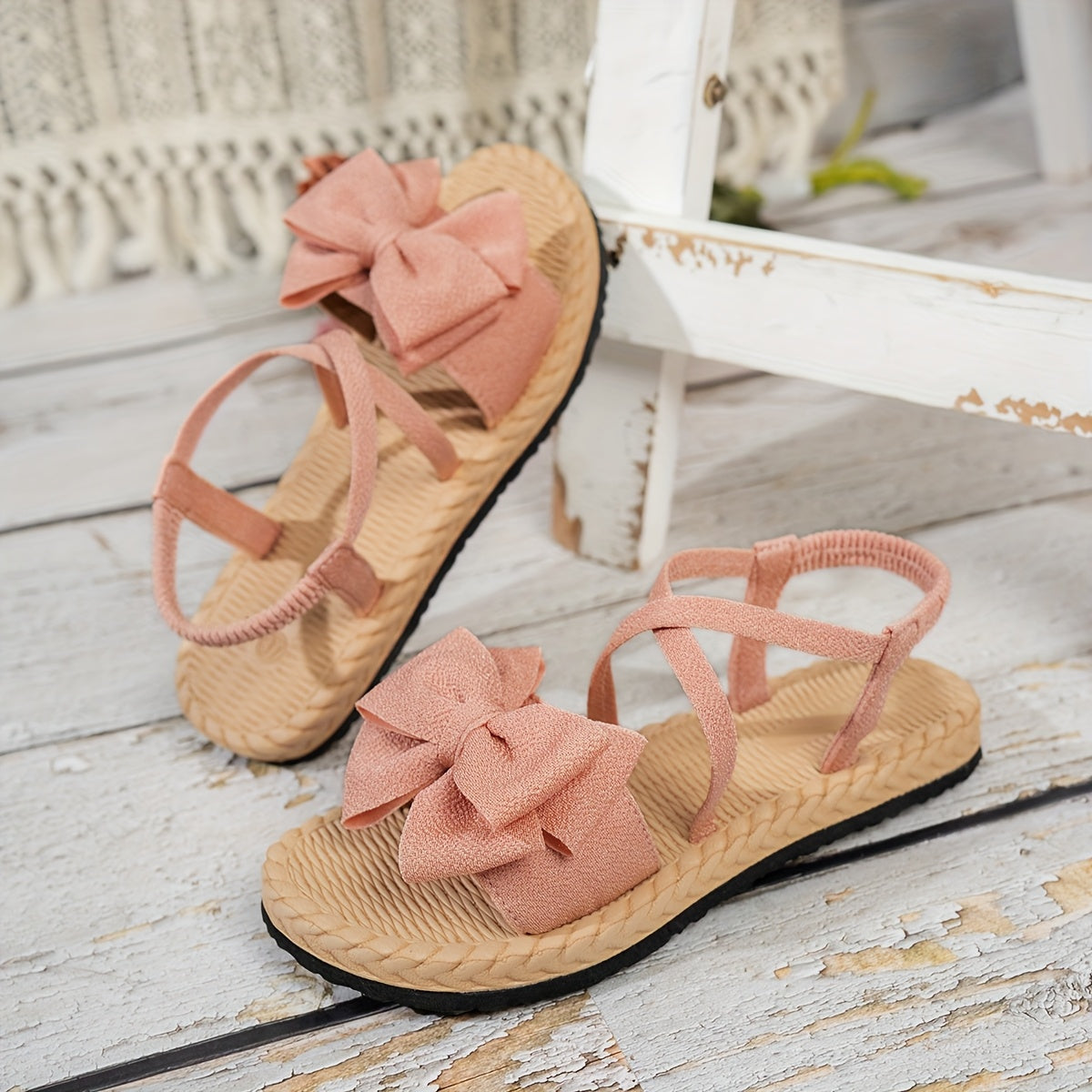 Women's Open Toe Bow Decorated Ankle Strap Flat Sandals Black Summer