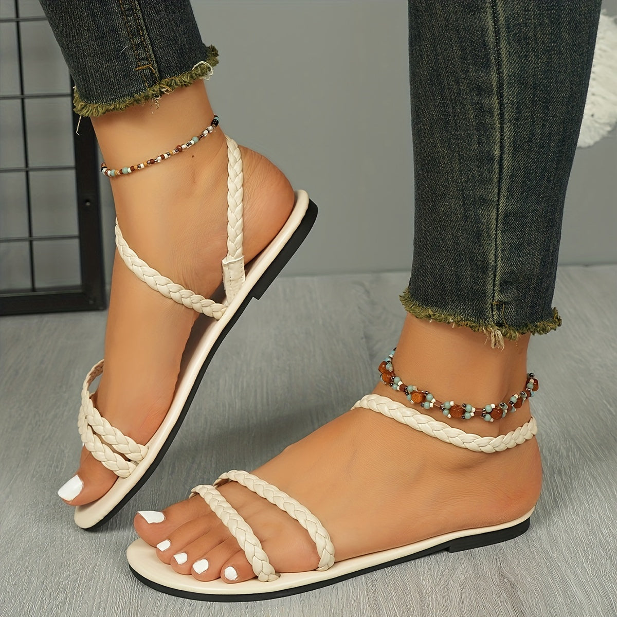 Women's Bohemian Faux Leather Flat Sandals with Braided Straps for Summer Beach