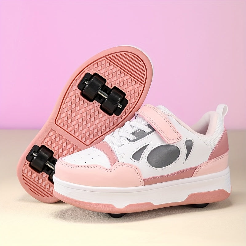 Girls' Pink and White Roller Skate Shoes with Breathable Lining Non-Slip Sole and Hook-and-Loop Fastener