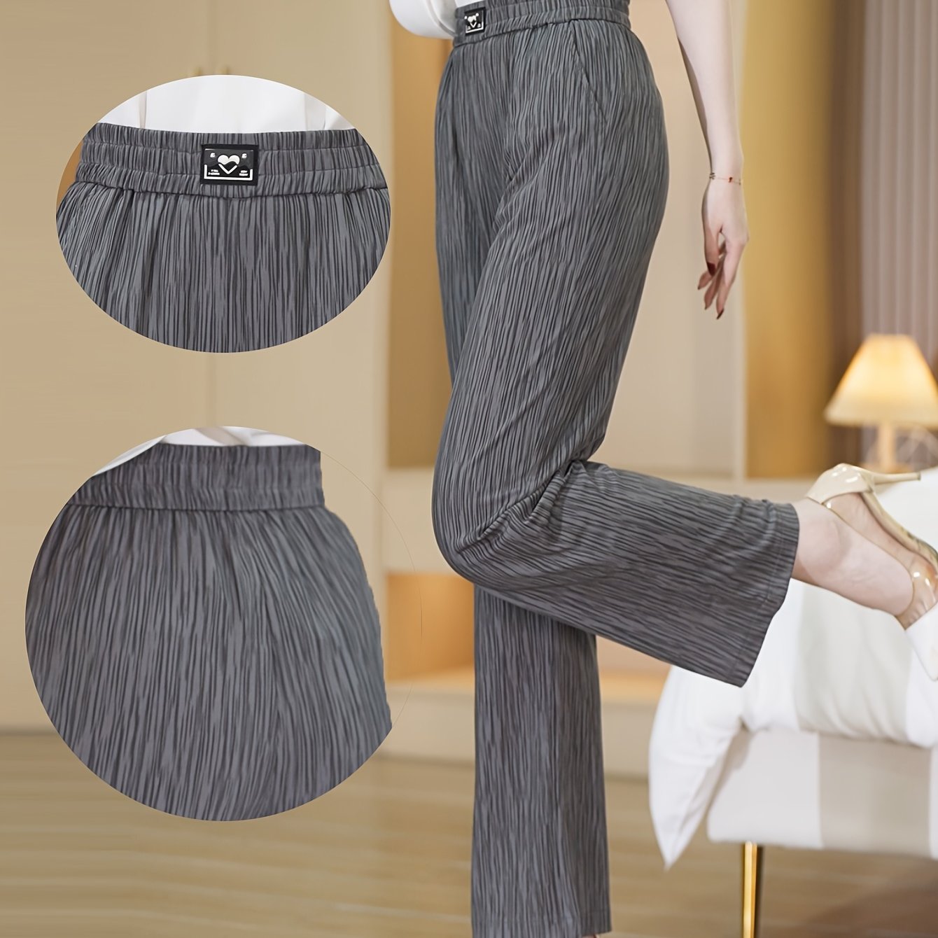 Women's Black High-Waisted Wide-Leg Stretchy Pants for Spring Summer