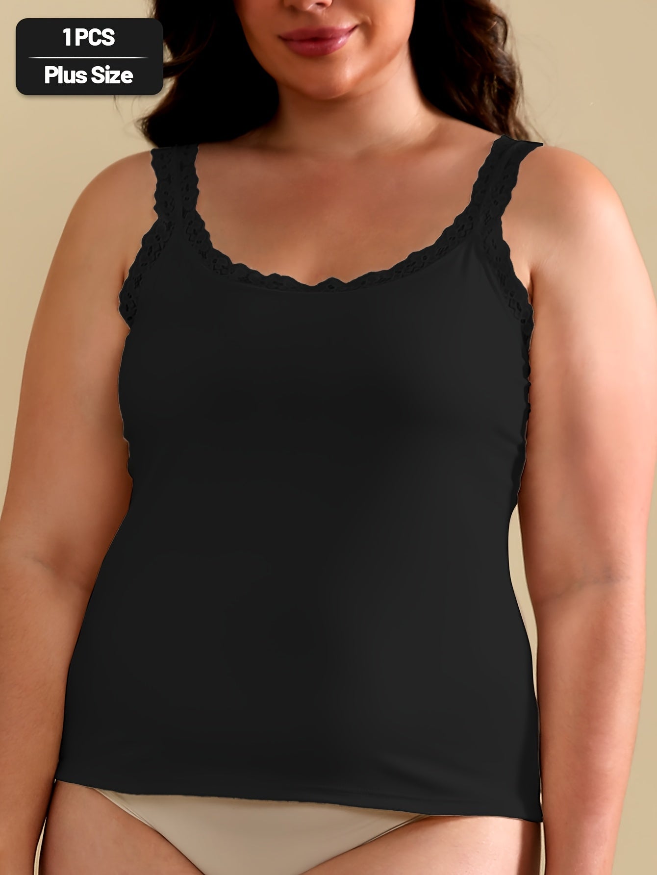 Women's Plus Size Black Sleeveless Tank Top with White Lace Trim
