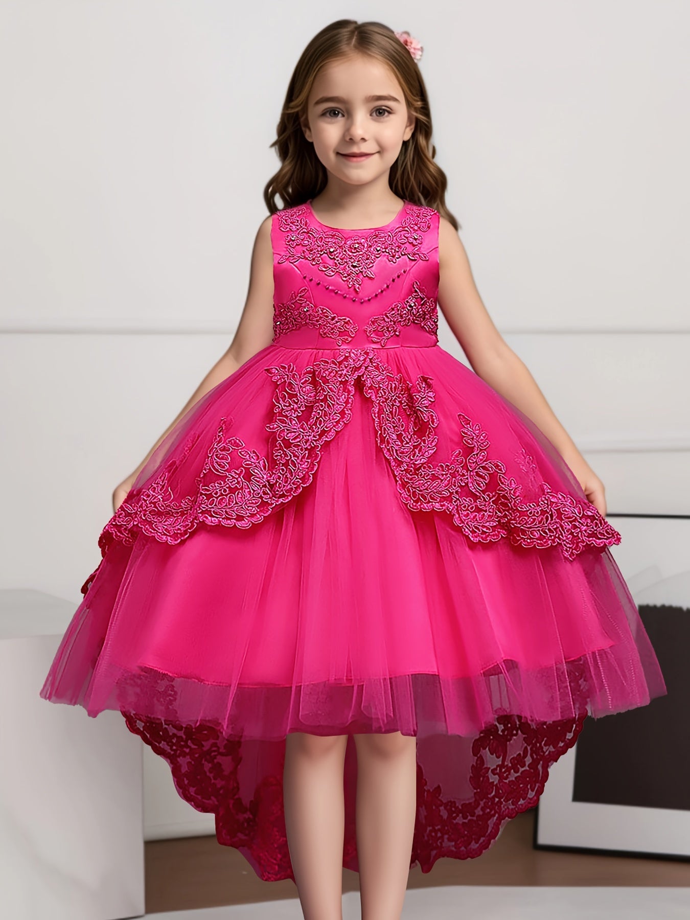 Girls' Red Princess Dress Beaded Embroidery Mesh Tail for Parties Weddings