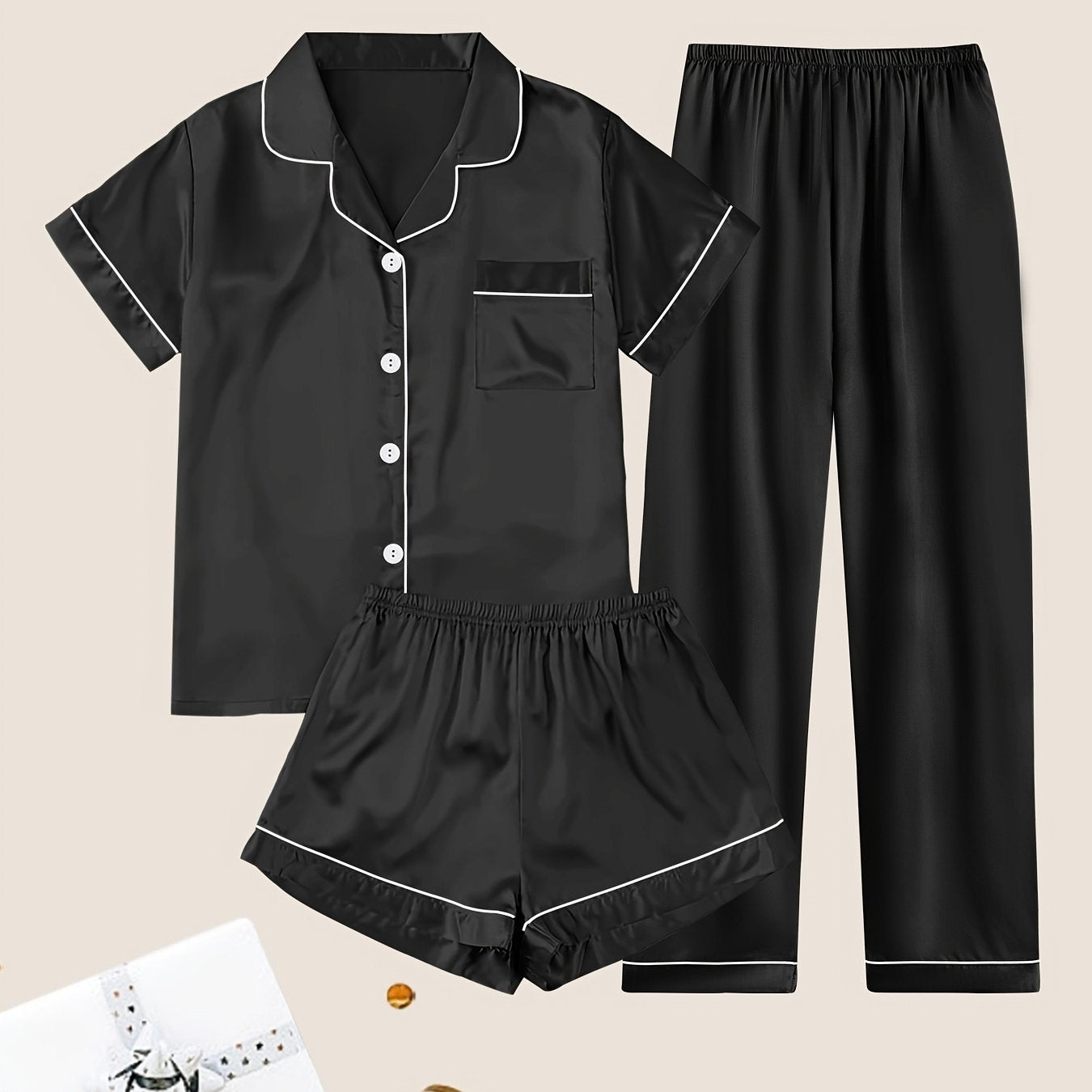 Women's Satin Pajama Set Short Sleeve Button Top Shorts or Pants Casual Sleepwear