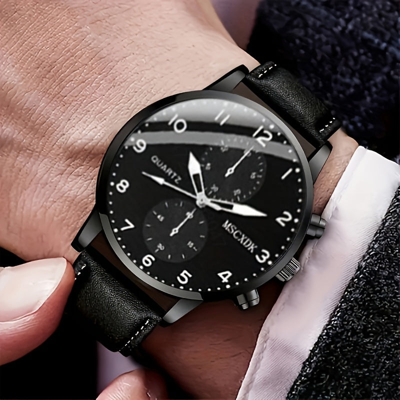 Set of 4 Men's Quartz Watches with Round Alloy Cases and Faux Leather Straps