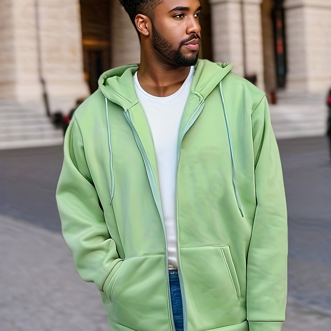 Sudadera de talla grande en marrón oscuro para hombres con bolsillos con cierre de cremallera y mezcla de poliéster