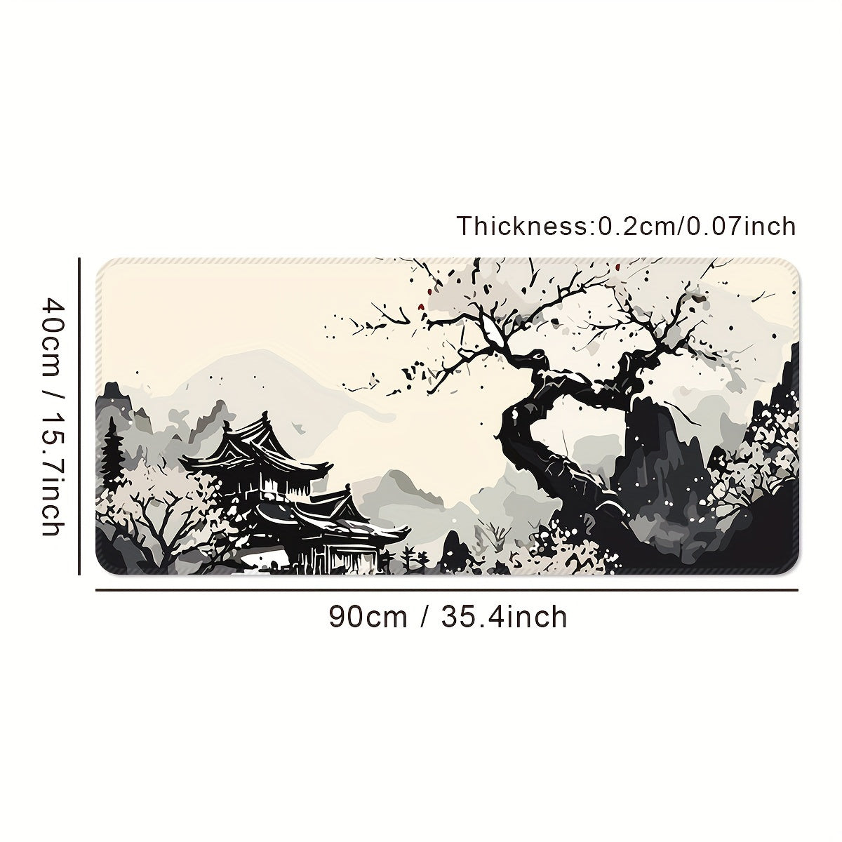 Large Gaming Mouse Pad Washable Non-Slip Rubber Desk Mat Japanese Ink Landscape Design Cherry Blossoms Mountain Scenery