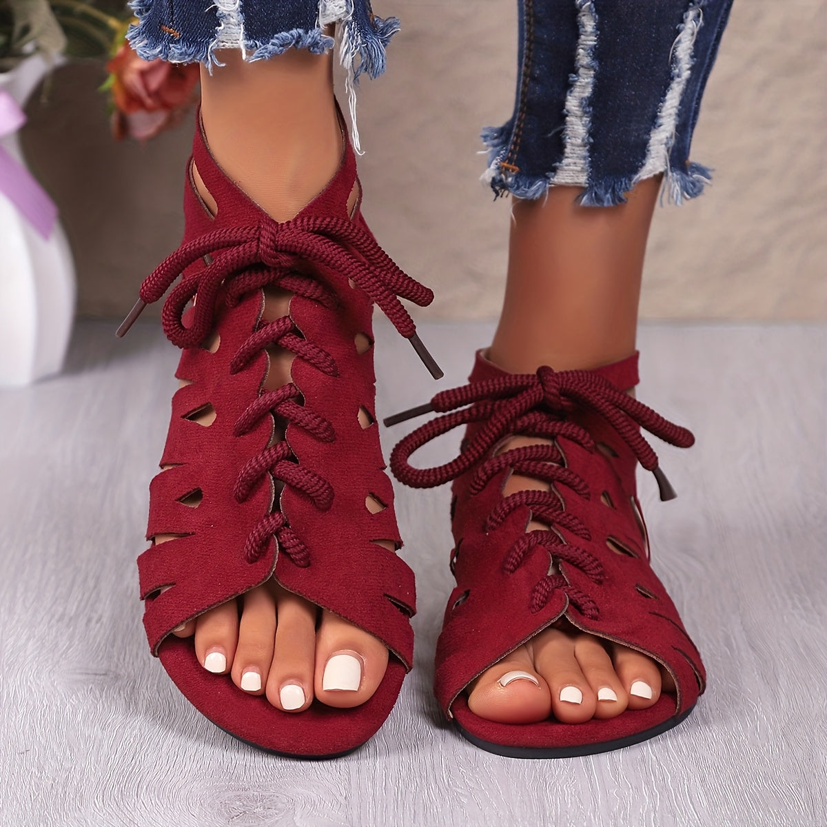 Zapatos romanos retro de mujer con cordones, peep toe, calzado de verano para la playa