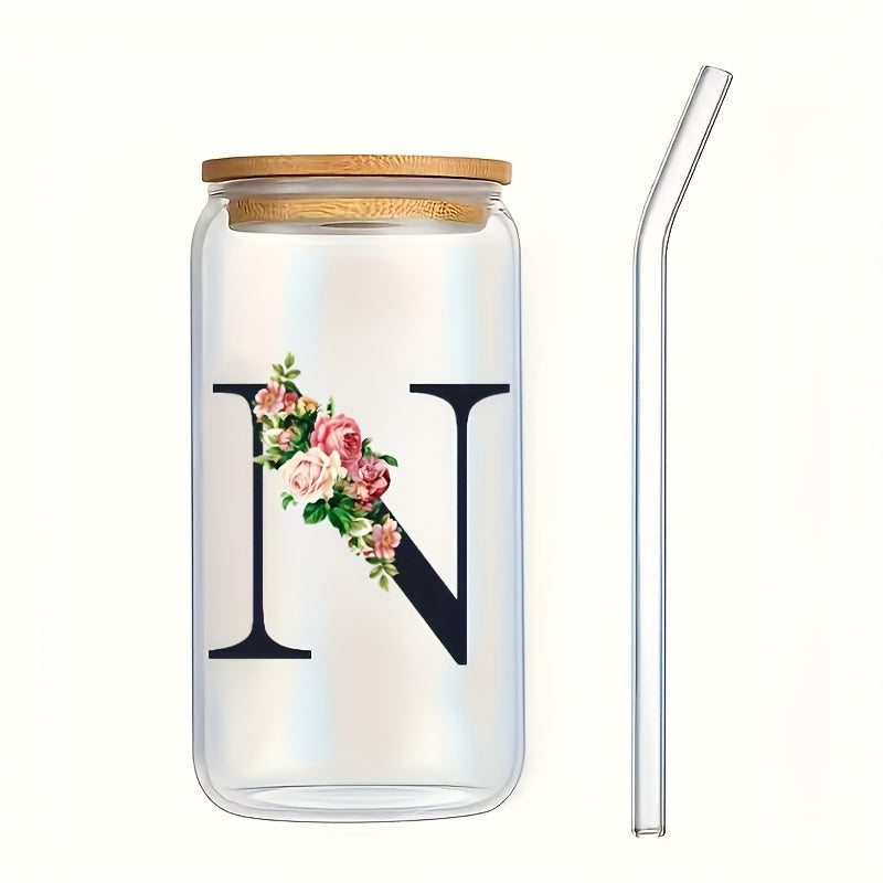 Flowers Drinking Glass with Bamboo Lid and Straw 16oz Coffee Mug for Women Girls