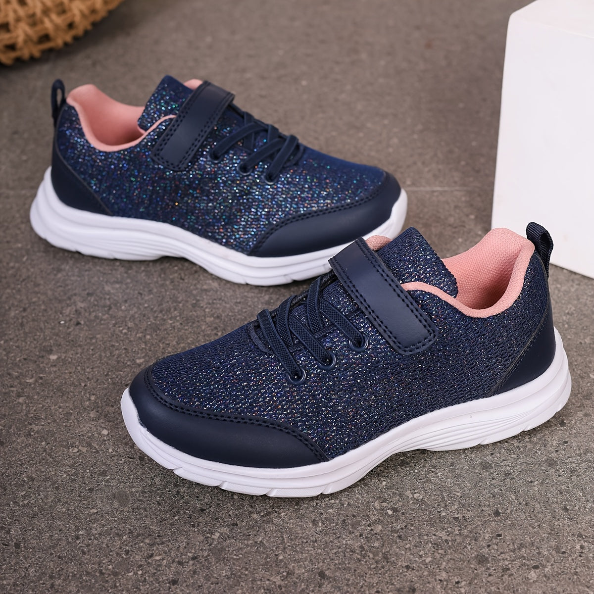 Kids' Navy Blue Pink Glitter Sneakers with Geometric Design Lightweight EVA Sole