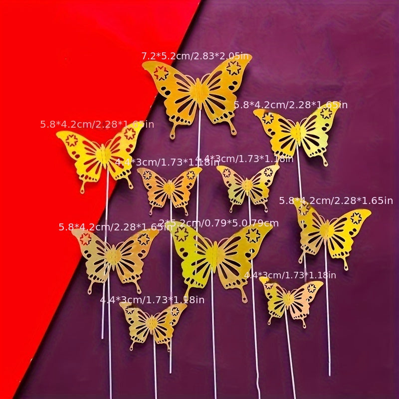 Set of 10 Gold and Silver Butterfly Cake Toppers Hollow Wall Stickers 3D Decorations