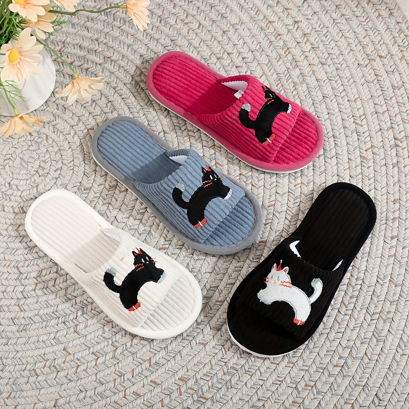 Women's Cartoon Cat Slip-On Slippers | EVA Sole Non-Slip Indoor House Shoes