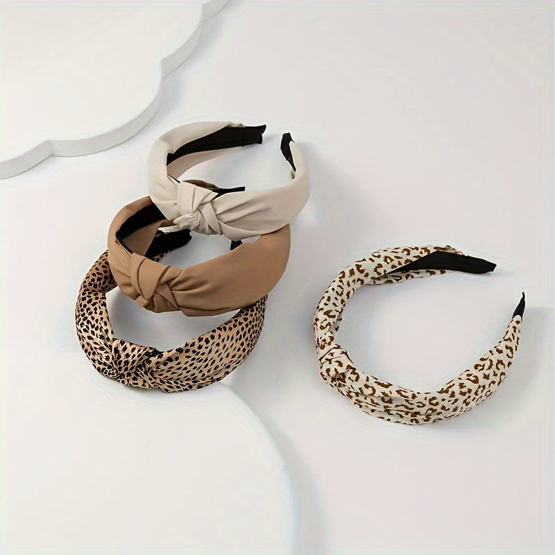 Set of 4 Leopard Print Wide Brim Fabric Hair Bands for Women