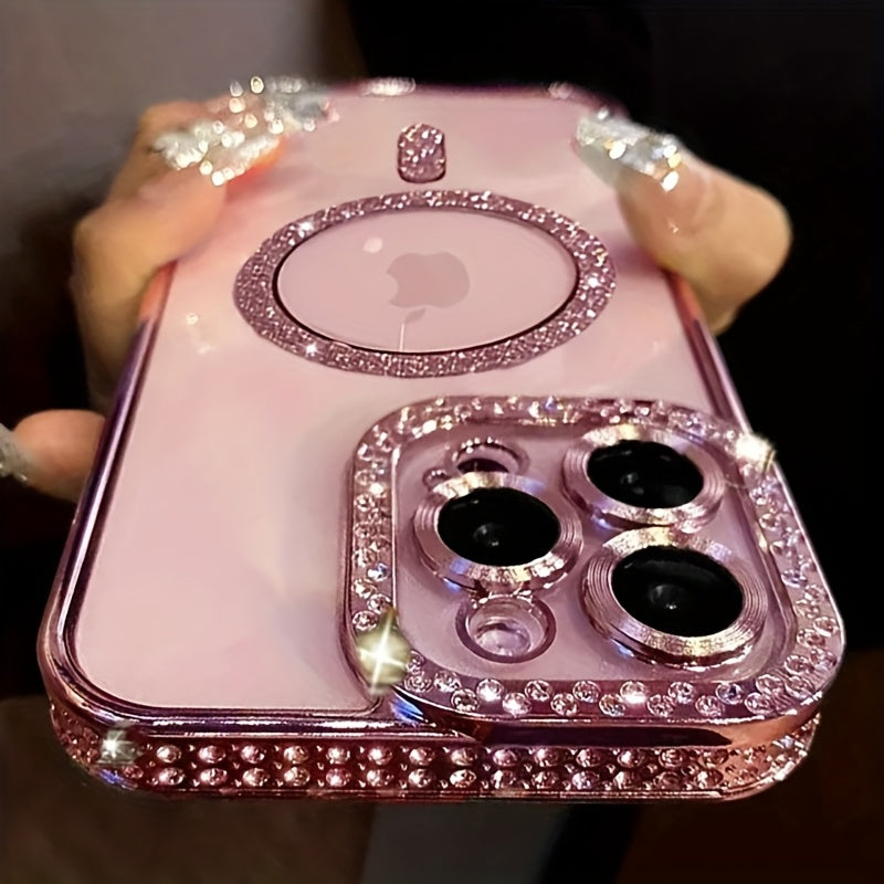 Magnetic Rhinestone Phone Case for iPhone 11-16 TPU Wireless Charging Magsafe Lens Protection