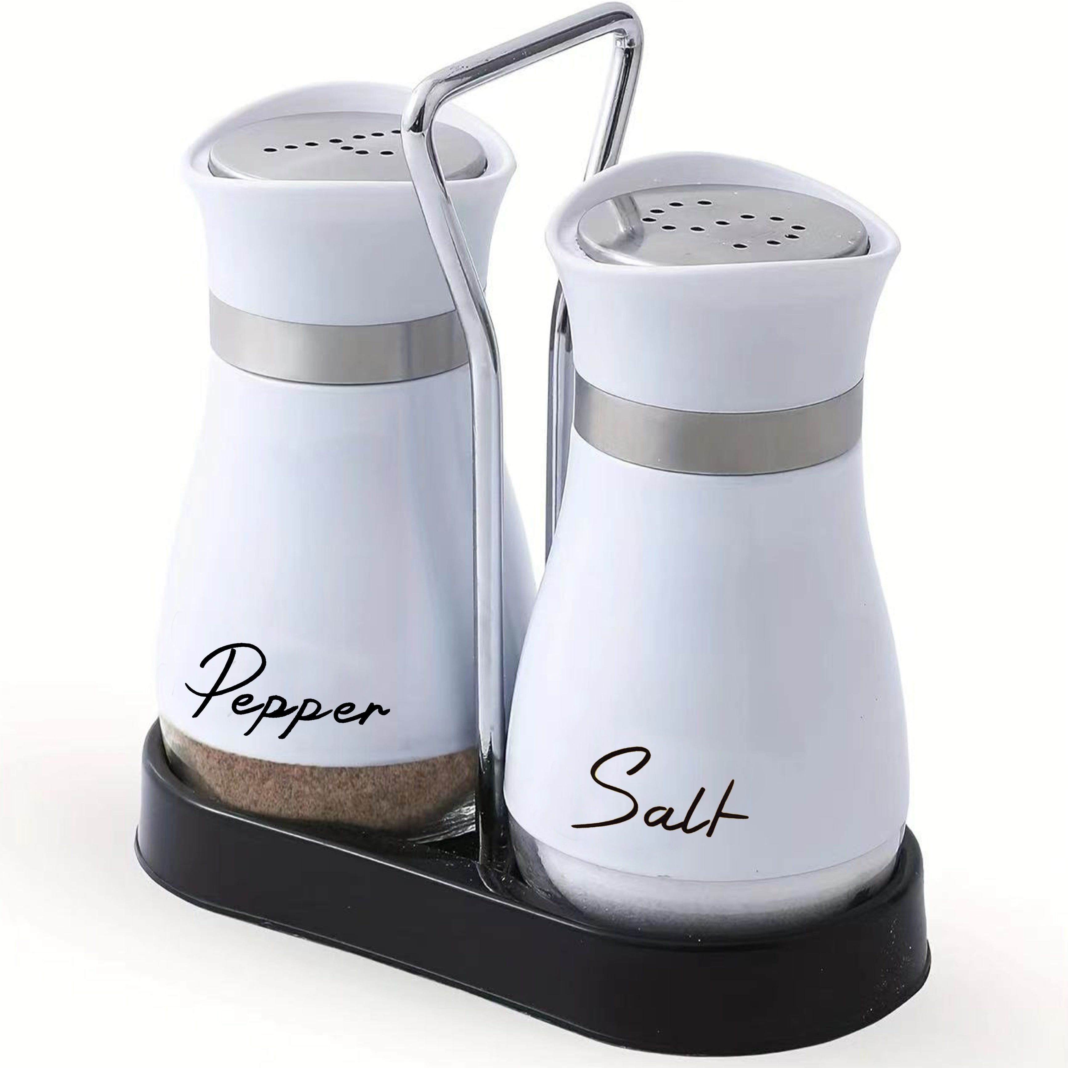 Set of 2 Glass Salt and Pepper Shakers with Holder, 4 oz Refillable Stainless Steel Lids
