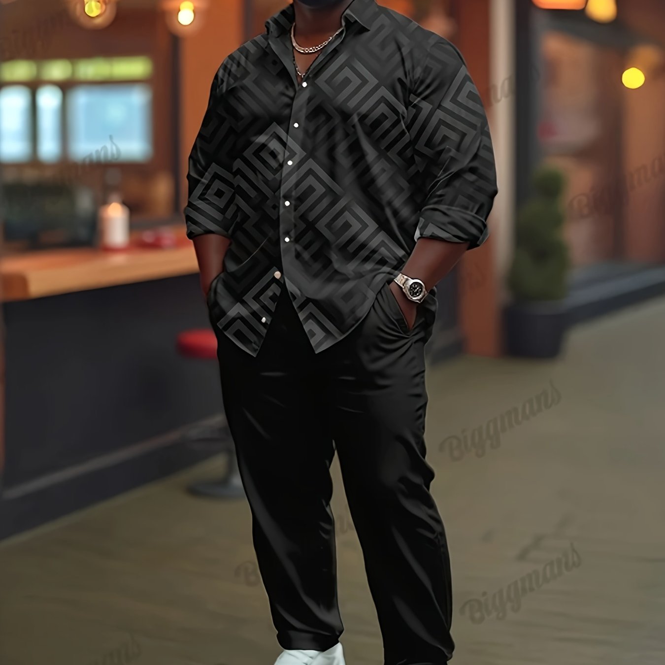 Men's Plus Size Casual Shirt Geometric Pattern Polyester Spandex Long Sleeve Lapel