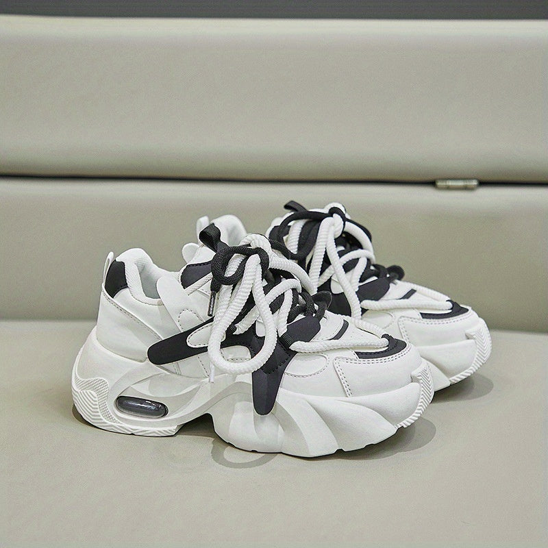 Women’s Chunky Platform Dad Shoes Beige Brown PU Sneakers All-Season Comfort