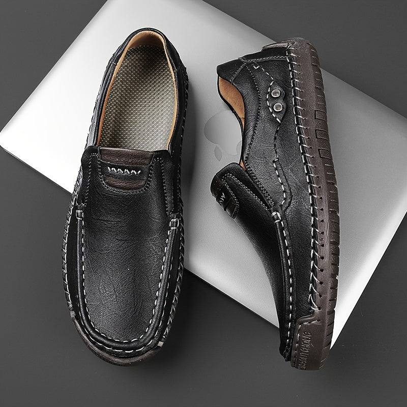 Men's Brown Slip-On Loafers with Stitched Detailing, Rubber Sole, Casual Dress Shoes
