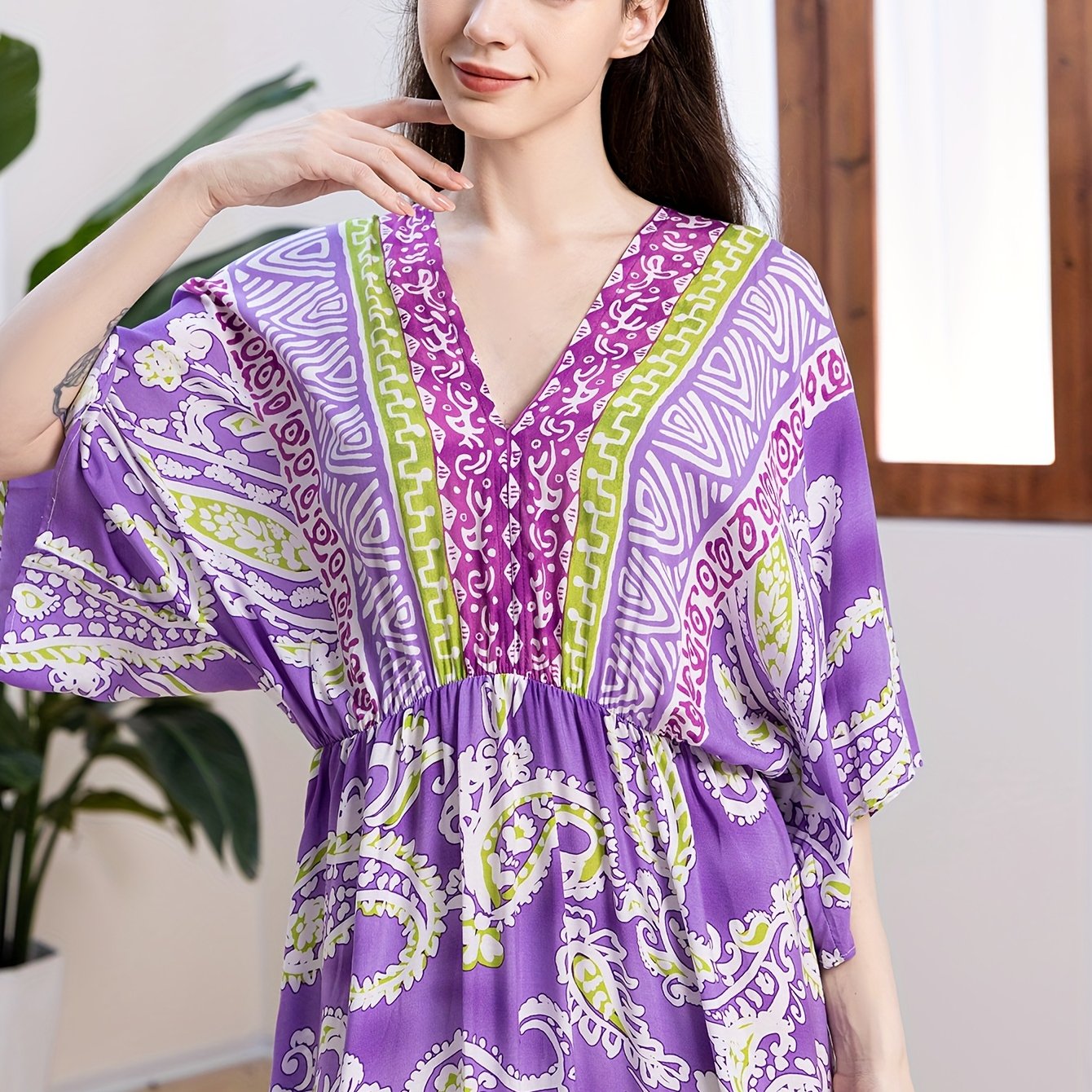 Plus Size Women's Bohemian Maxi Dress Vibrant Orange Blue Floral V-Neck