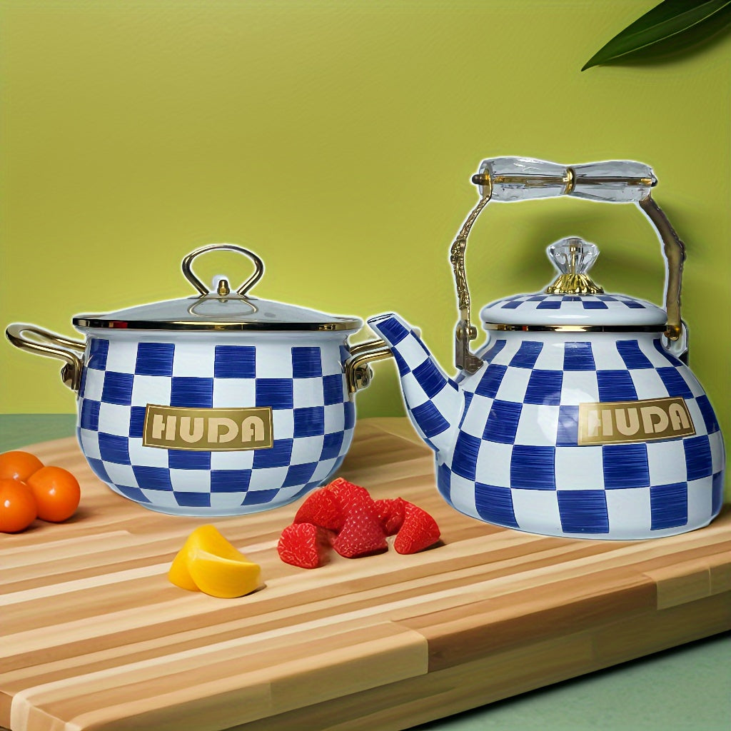 Enamel Soup and Stew Stockpot Set 2.8L Thick Grid Design Cookware