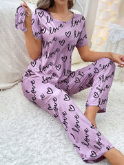Women's Pink Heart Pattern Pajama Set with Short Sleeve Top and Long Pants