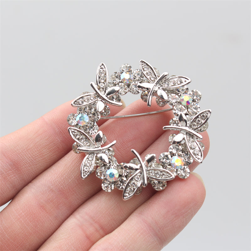 Antique Dragonfly and Floral Brooch Rhinestone Enamel Pin for Women