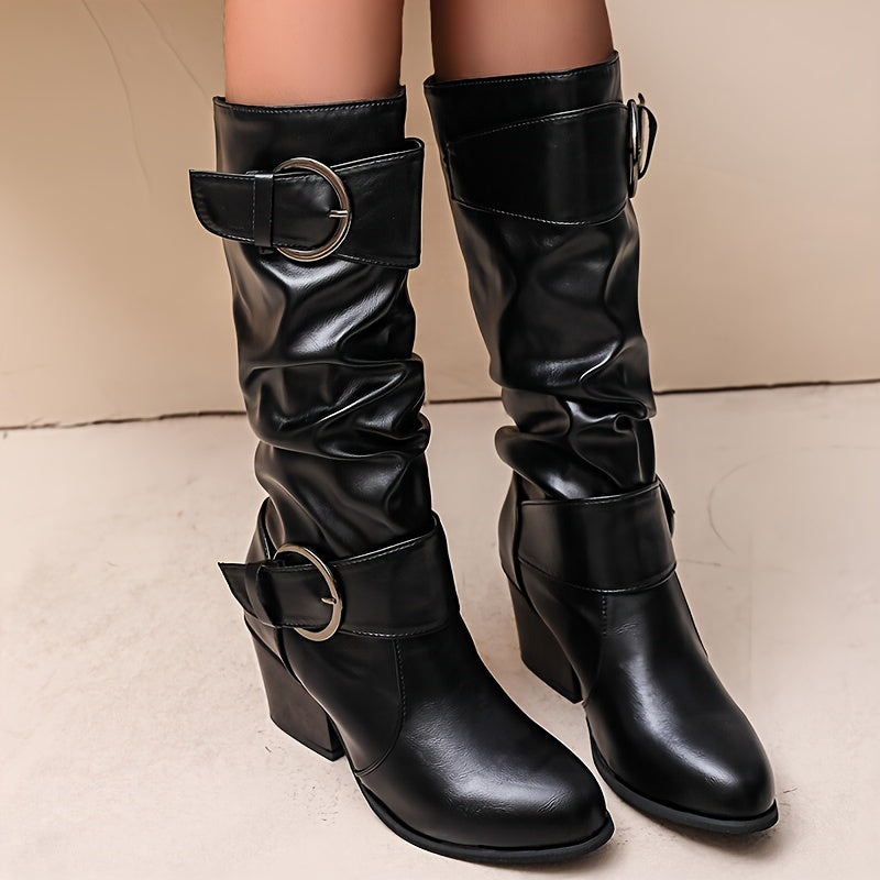 Women's Leather Thigh-High Boots With Belt and Buckle for Fall and Winter