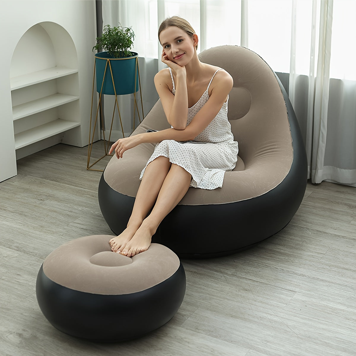 Sofá inflable con respaldo para uso en interiores, sillón perezoso ajustable con felpa